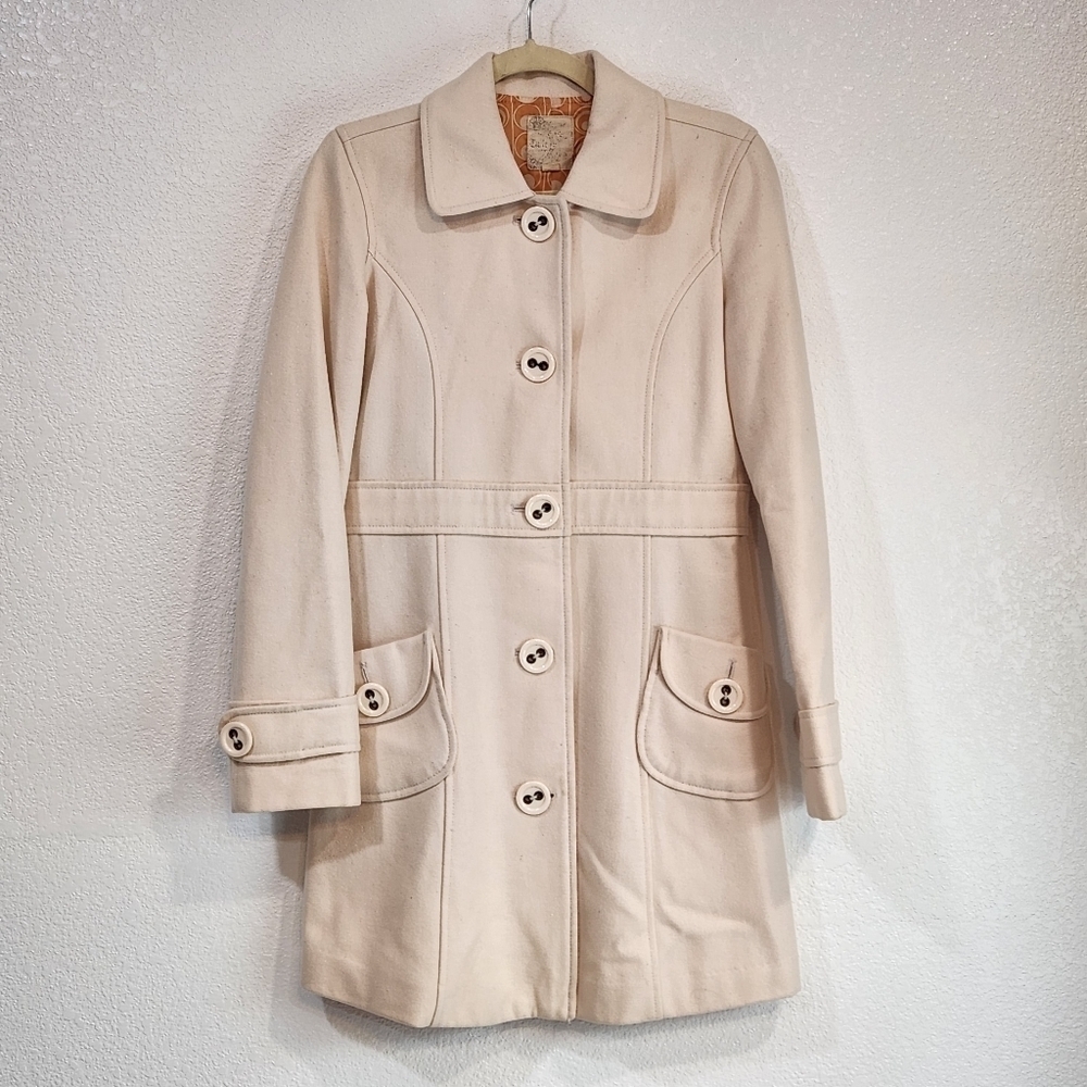 Tulle Cream Wool Blend Fully Lined Pea Coat Anthropologie - Size: Small